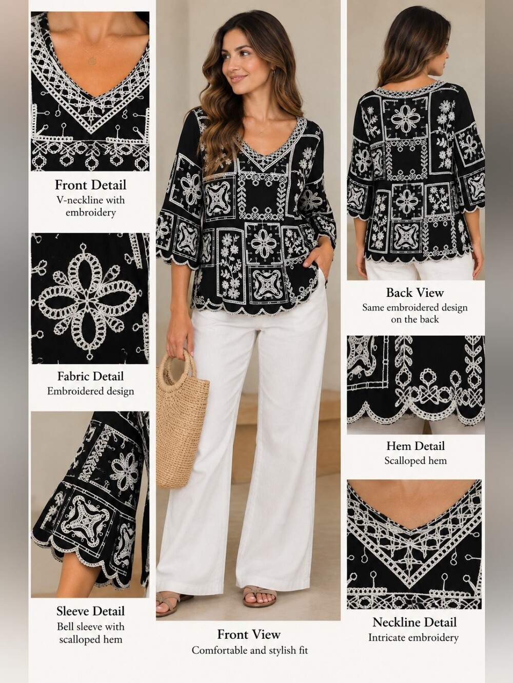 Chico’s Black White Embroidered Boho Top Crochet Style Vacation Size 2